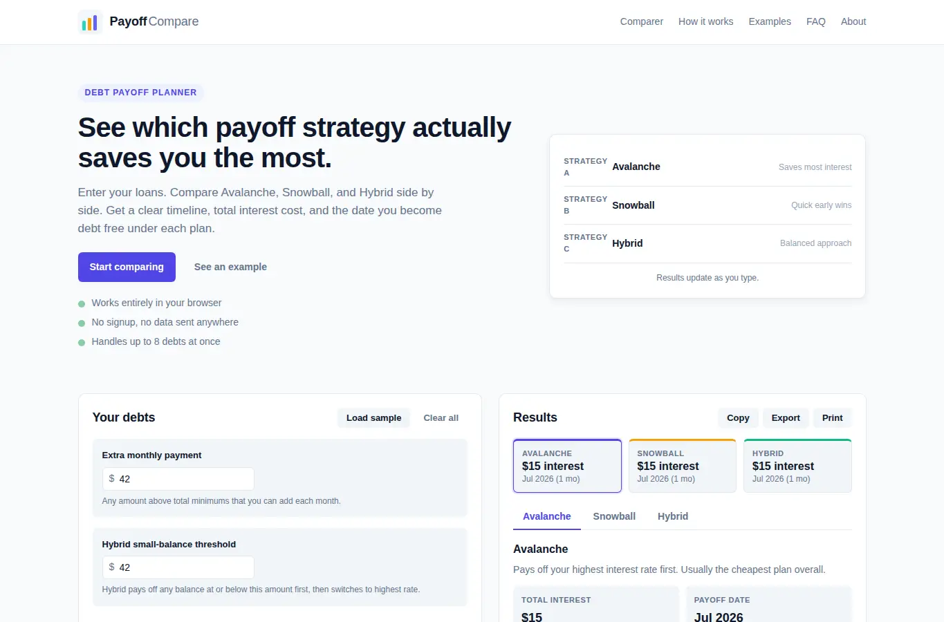 Screenshot of Student Loan Payoff Strategy Comparer interface showing the project page in use